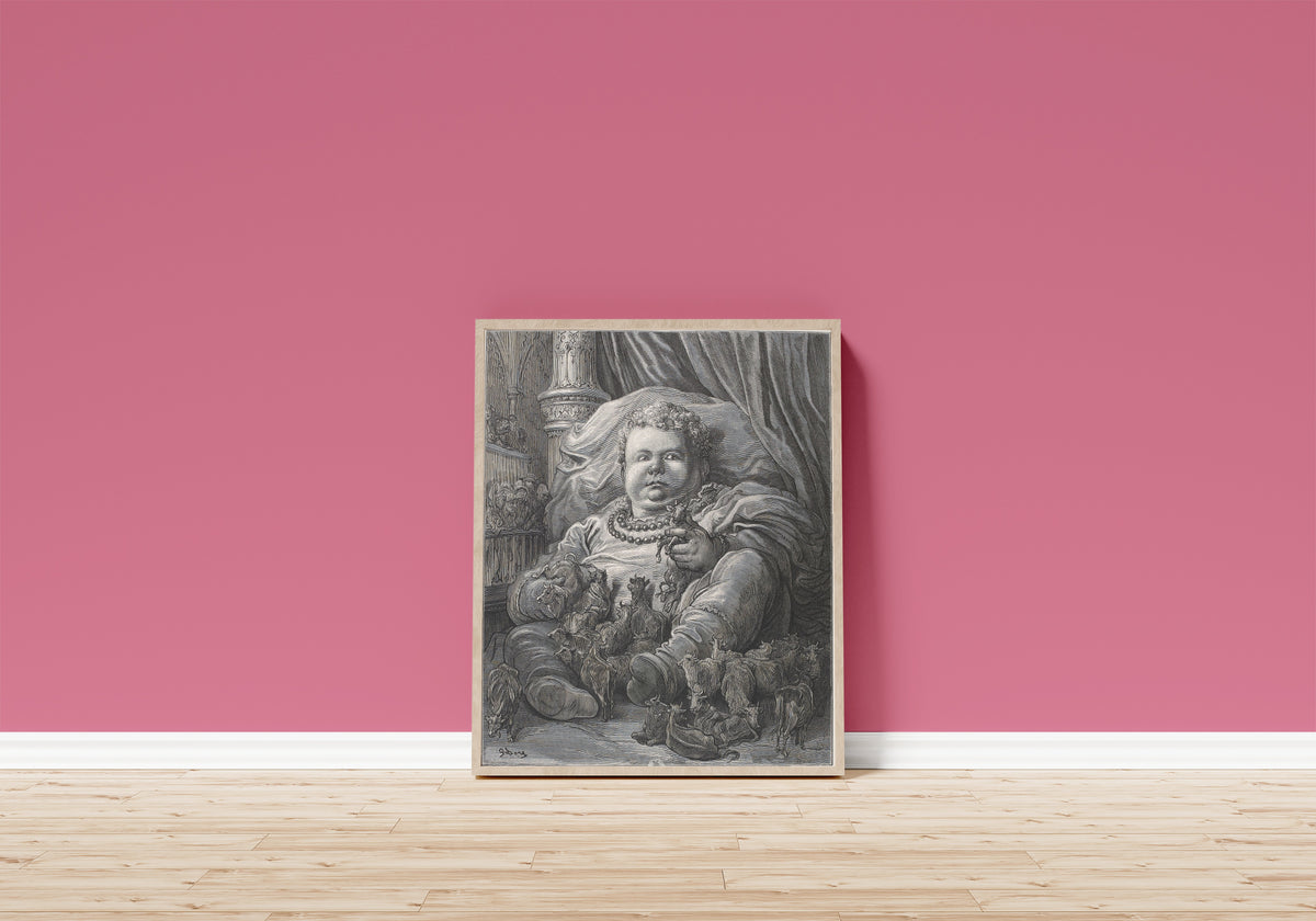 Framed art print of The Infant Pantagruel and the Cows by Gustave Doré, in a light wood frame leaning on a pink wall above a wooden floor