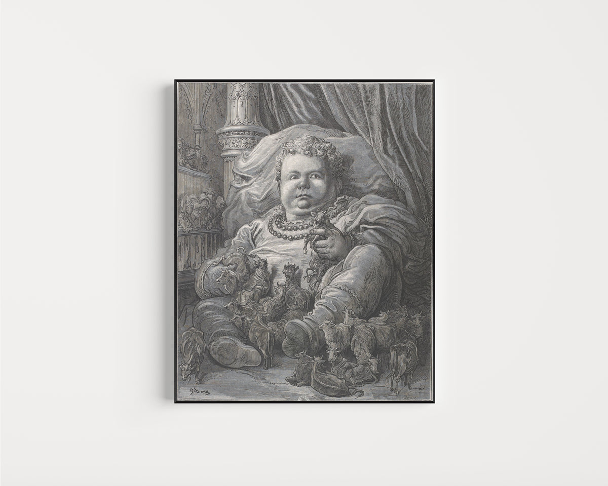 Framed art print of The Infant Pantagruel and the Cows by Gustave Doré, in a slim black frame on a plain white wall