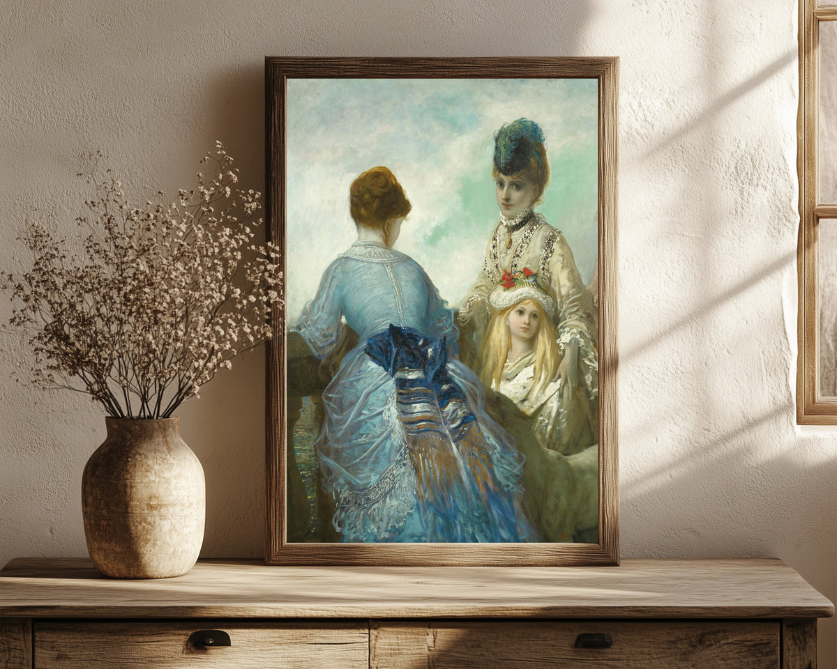 Framed art print of The Promenade (La promenade) by Gustave Doré, in a dark wood frame leaning on a rustic console beside dried flowers