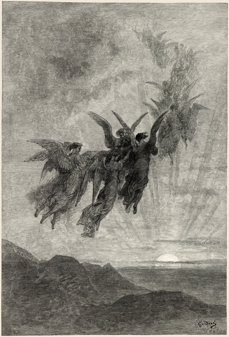 Gustave Doré — The rare and radiant maiden whom the angels name Lenore | Gothic Illustration Print shown to scale on a wall above a sofa