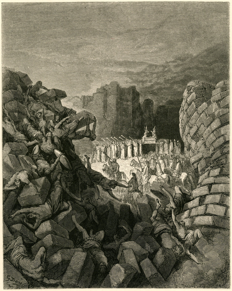 Gustave Doré — The Walls of Jericho Falling Down | Engraving Print shown to scale on a wall above a sofa