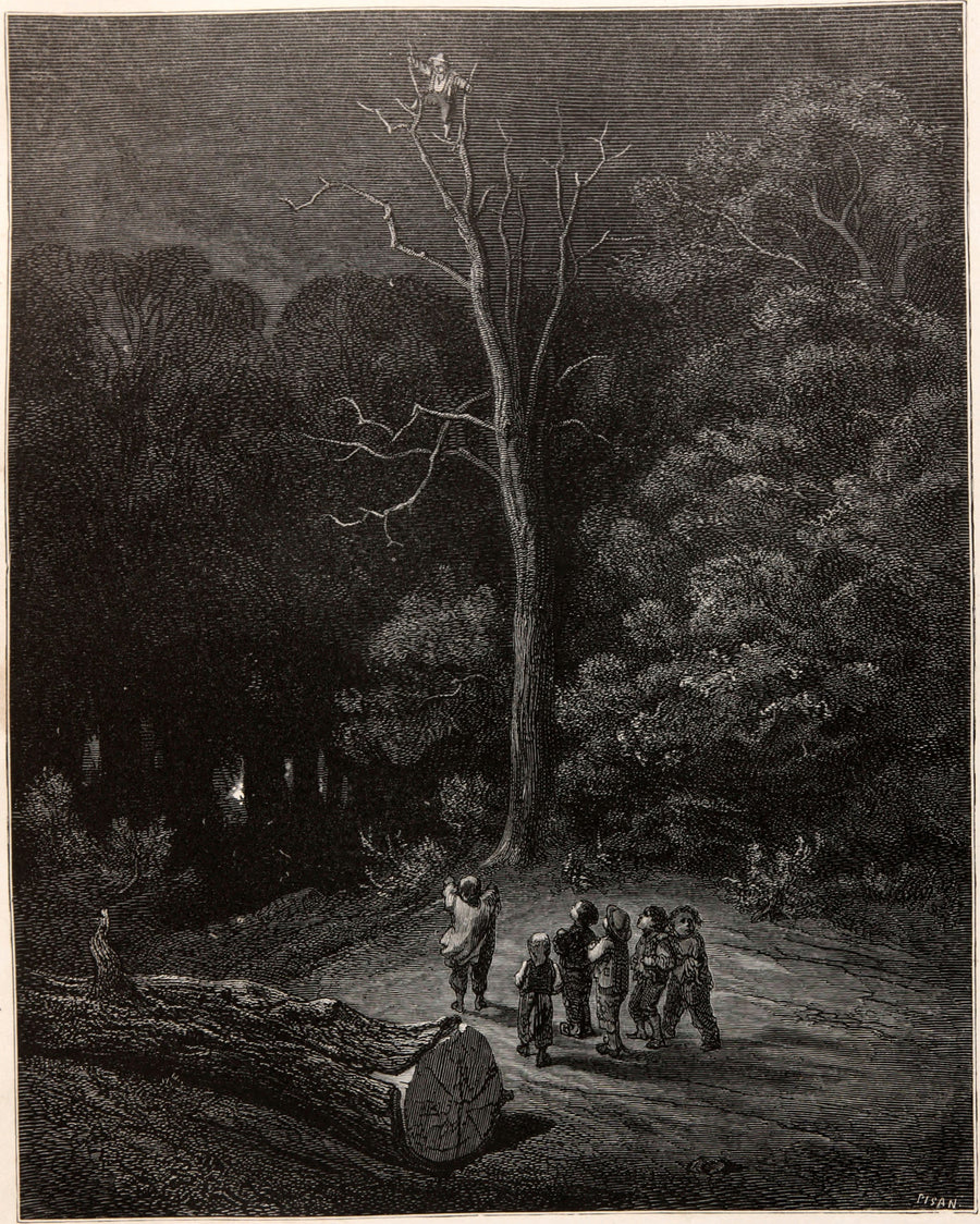 Gustave Doré — Tom Thumb: A Light in the Night Forest | Fairy Tale Illustration Print shown to scale on a wall above a sofa