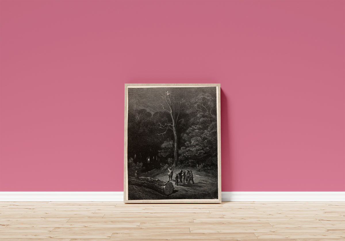 Framed art print of Tom Thumb: A Light in the Night Forest by Gustave Doré, in a light wood frame leaning on a pink wall above a wooden floor