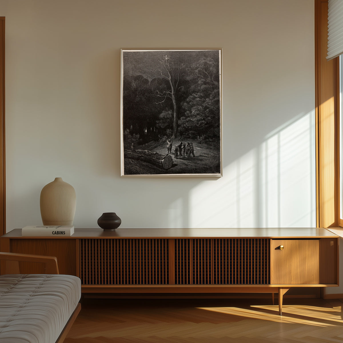 Framed art print of Tom Thumb: A Light in the Night Forest by Gustave Doré, in a thin light frame on a sunlit wall above a wooden sideboard