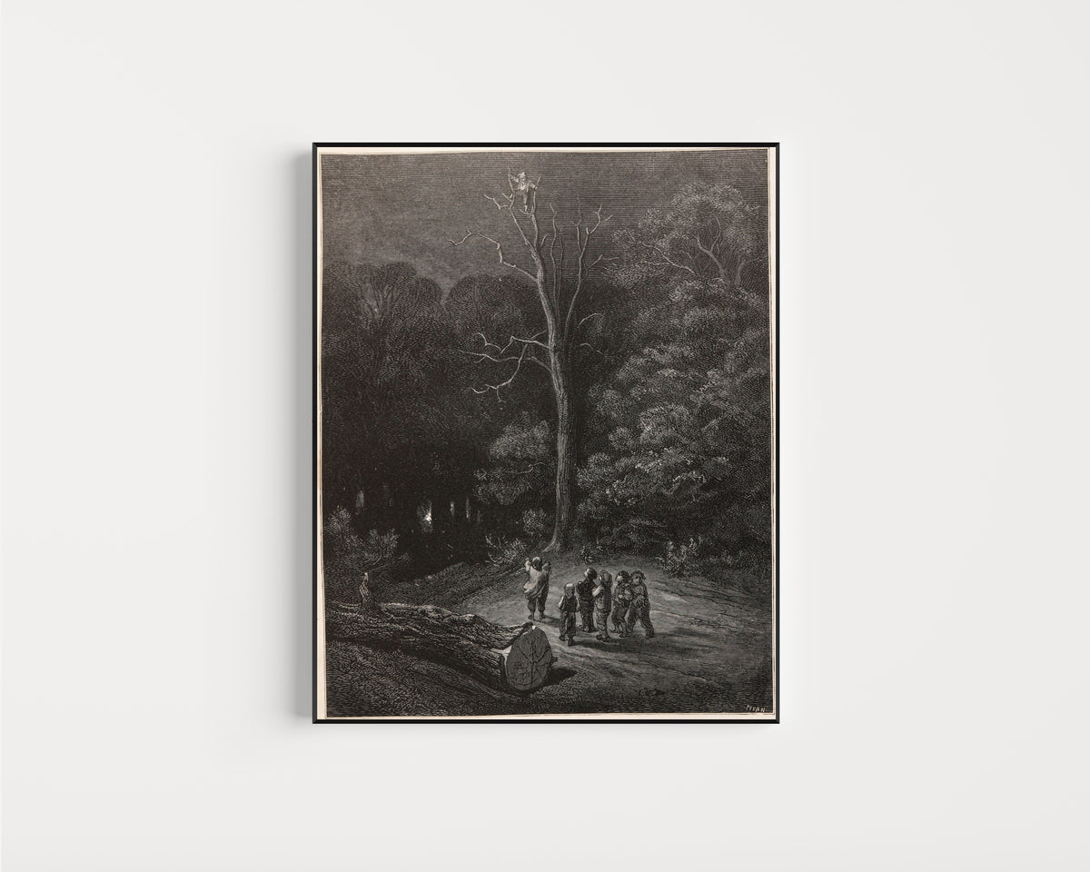Framed art print of Tom Thumb: A Light in the Night Forest by Gustave Doré, in a slim black frame on a plain white wall