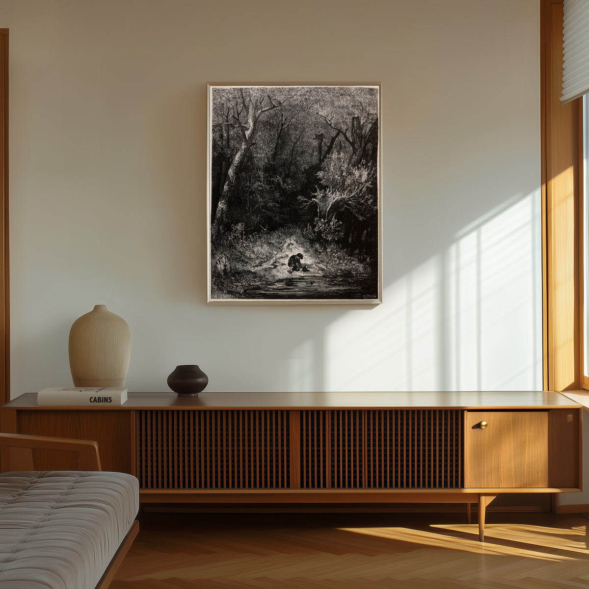 Framed art print of Tom Thumb: Gathering Pebbles by the Stream by Gustave Doré, in a thin light frame on a sunlit wall above a wooden sideboard