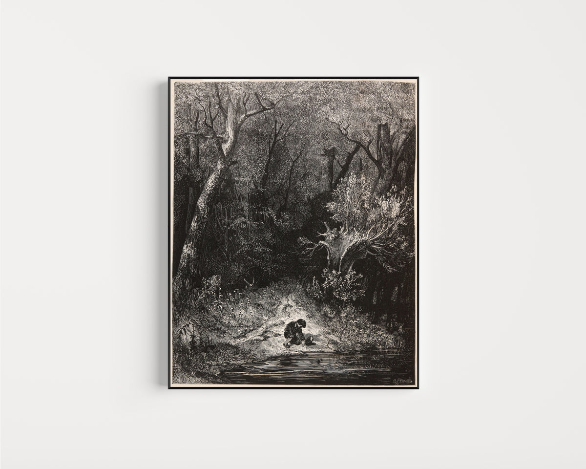 Framed art print of Tom Thumb: Gathering Pebbles by the Stream by Gustave Doré, in a slim black frame on a plain white wall