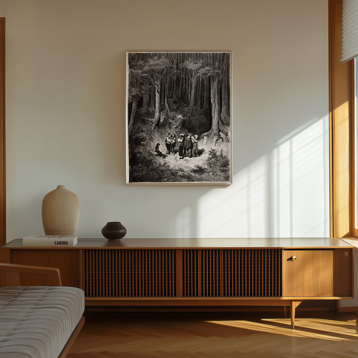 Framed art print of Tom Thumb: Lost in the Forest by Gustave Doré, in a thin light frame on a sunlit wall above a wooden sideboard
