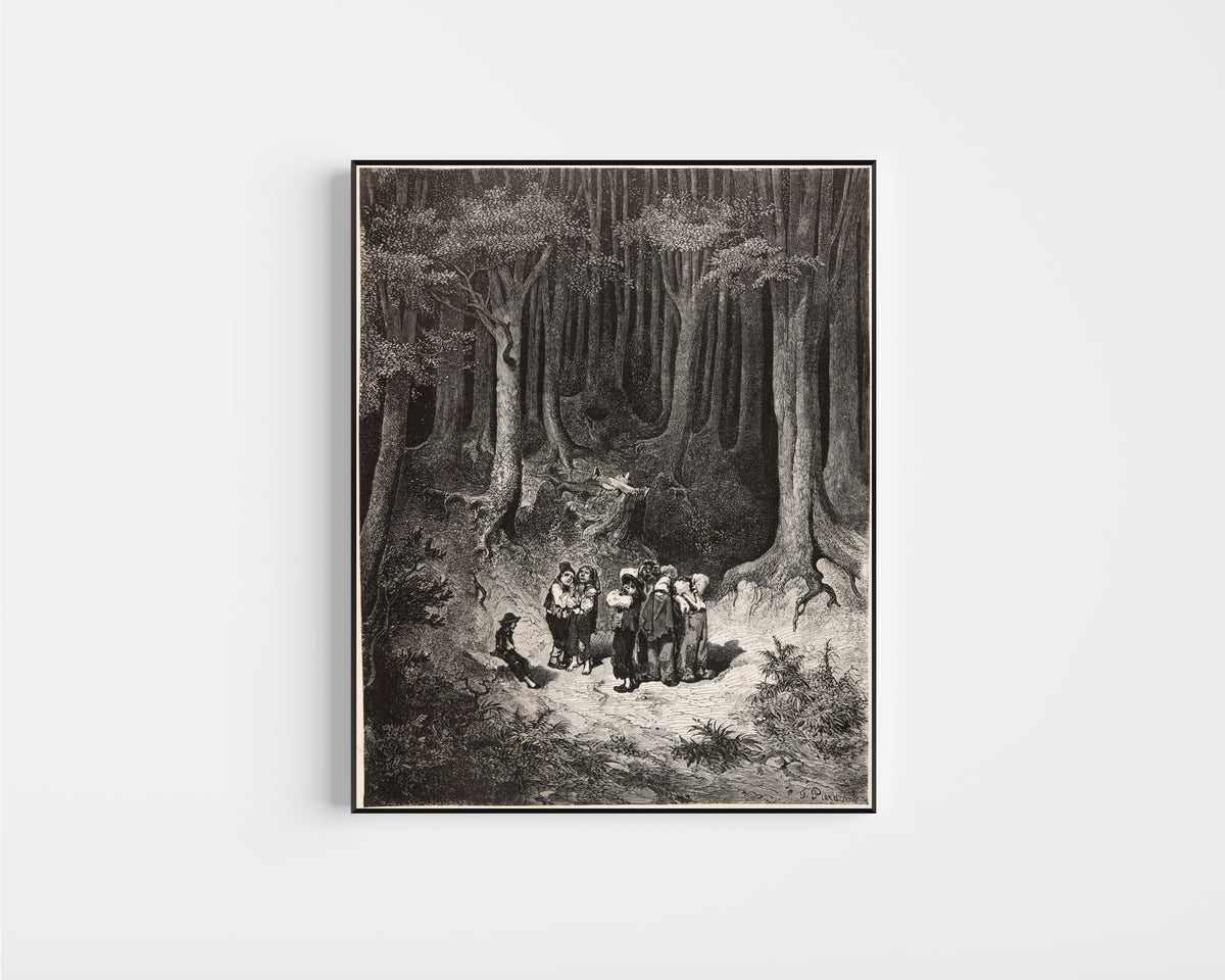 Framed art print of Tom Thumb: Lost in the Forest by Gustave Doré, in a slim black frame on a plain white wall