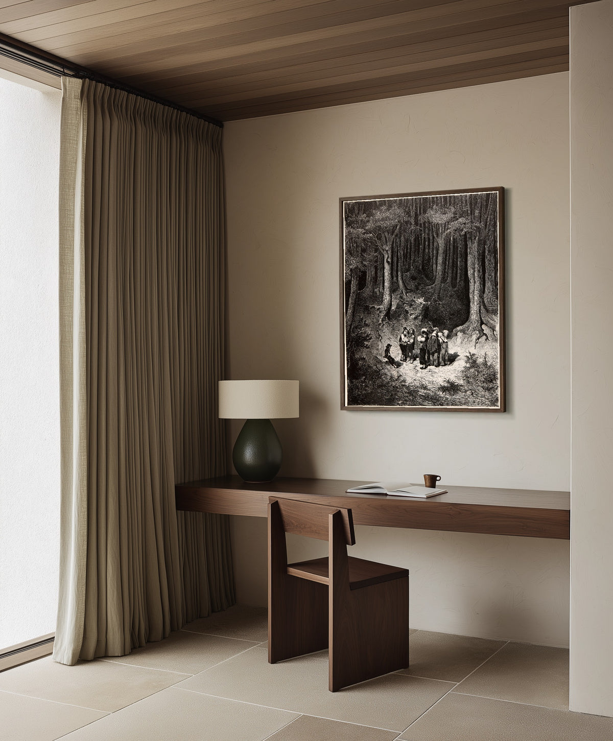 Framed art print of Tom Thumb: Lost in the Forest by Gustave Doré, in a dark wood frame on a plaster wall above a walnut desk