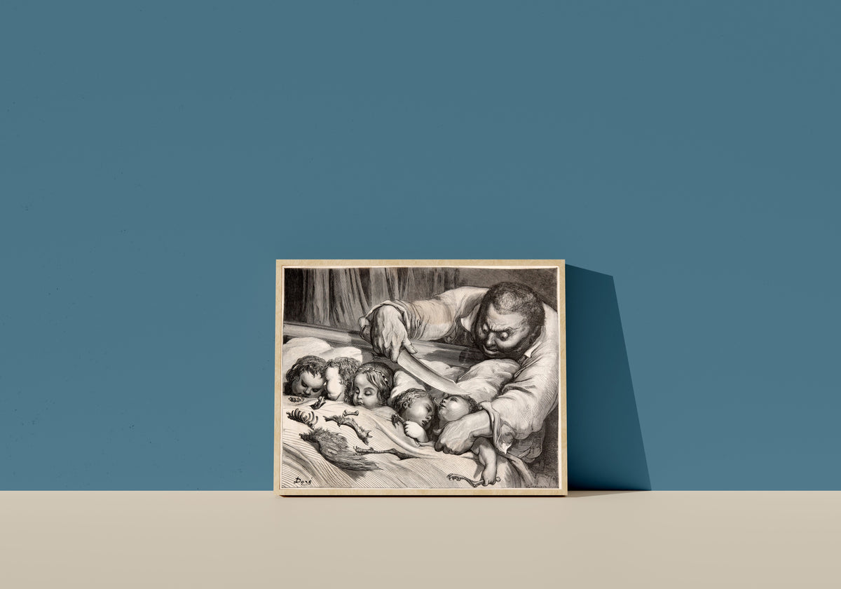 Framed art print of Tom Thumb: The Ogre and His Sleeping Daughters by Gustave Doré, in a light wood frame leaning on a blue wall