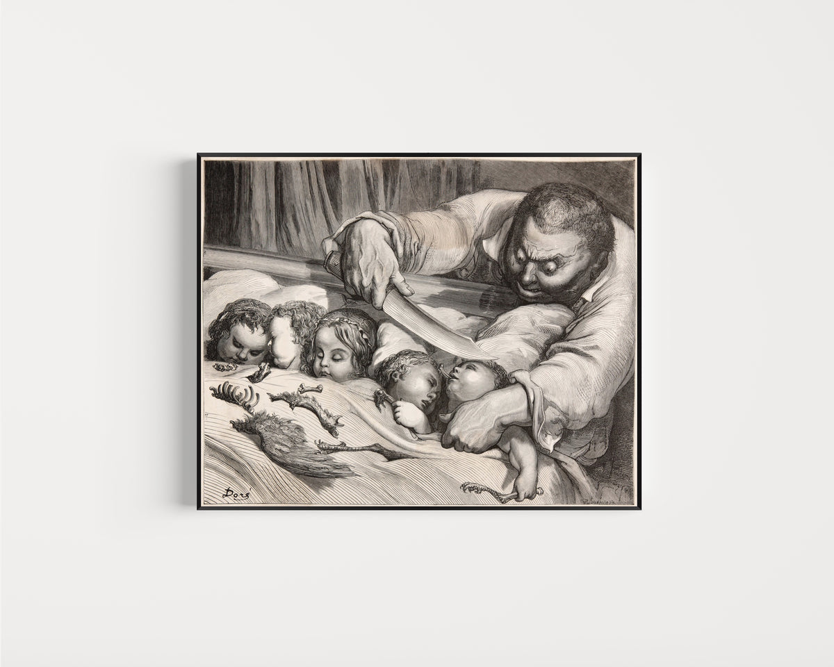 Framed art print of Tom Thumb: The Ogre and His Sleeping Daughters by Gustave Doré, in a slim black frame on a plain white wall