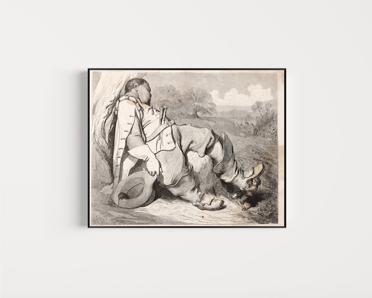 Framed art print of Tom Thumb: The Ogre Asleep by Gustave Doré, in a slim black frame on a plain white wall