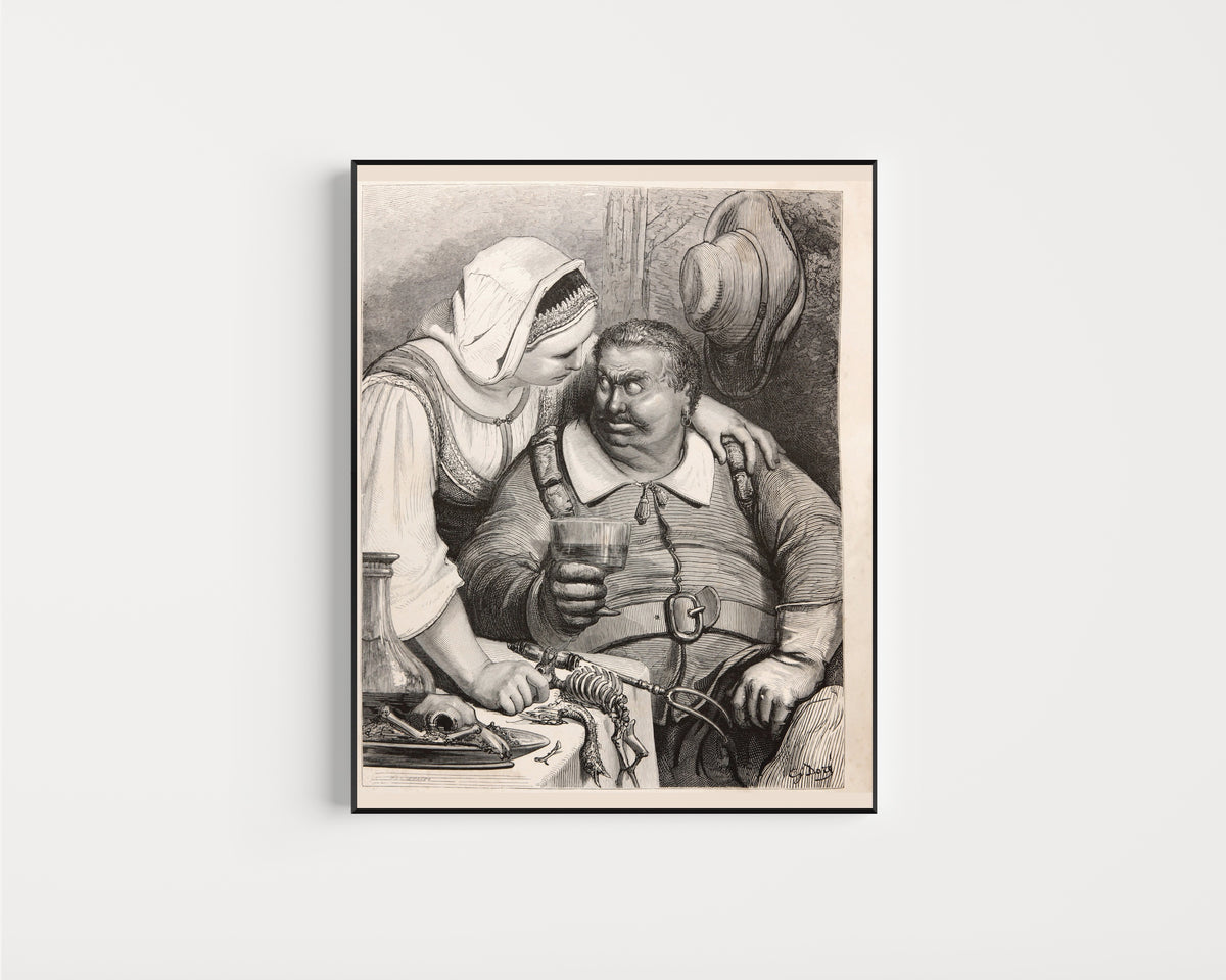 Framed art print of Tom Thumb: The Ogre at Supper by Gustave Doré, in a slim black frame on a plain white wall