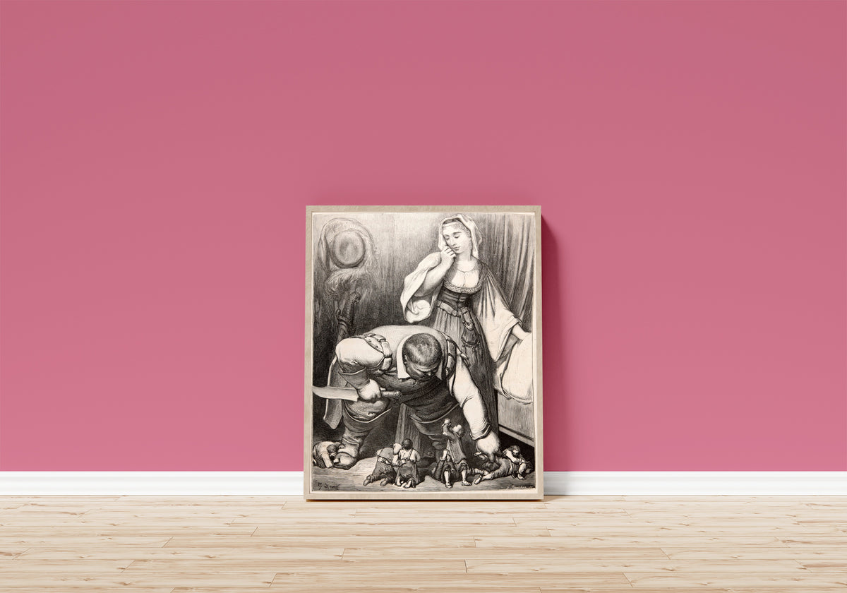 Framed art print of Tom Thumb: The Ogre Sharpens His Knife by Gustave Doré, in a light wood frame leaning on a pink wall above a wooden floor