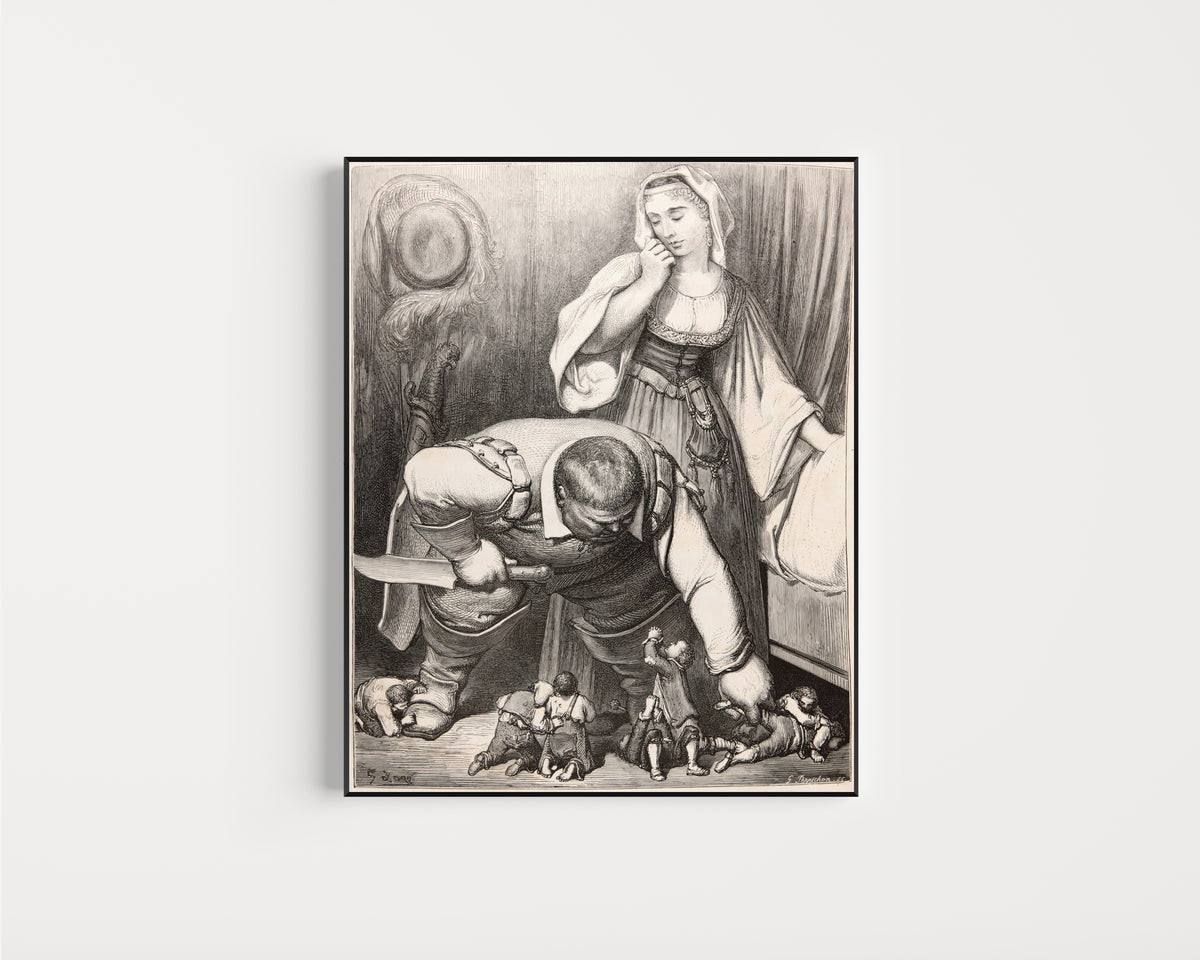 Framed art print of Tom Thumb: The Ogre Sharpens His Knife by Gustave Doré, in a slim black frame on a plain white wall