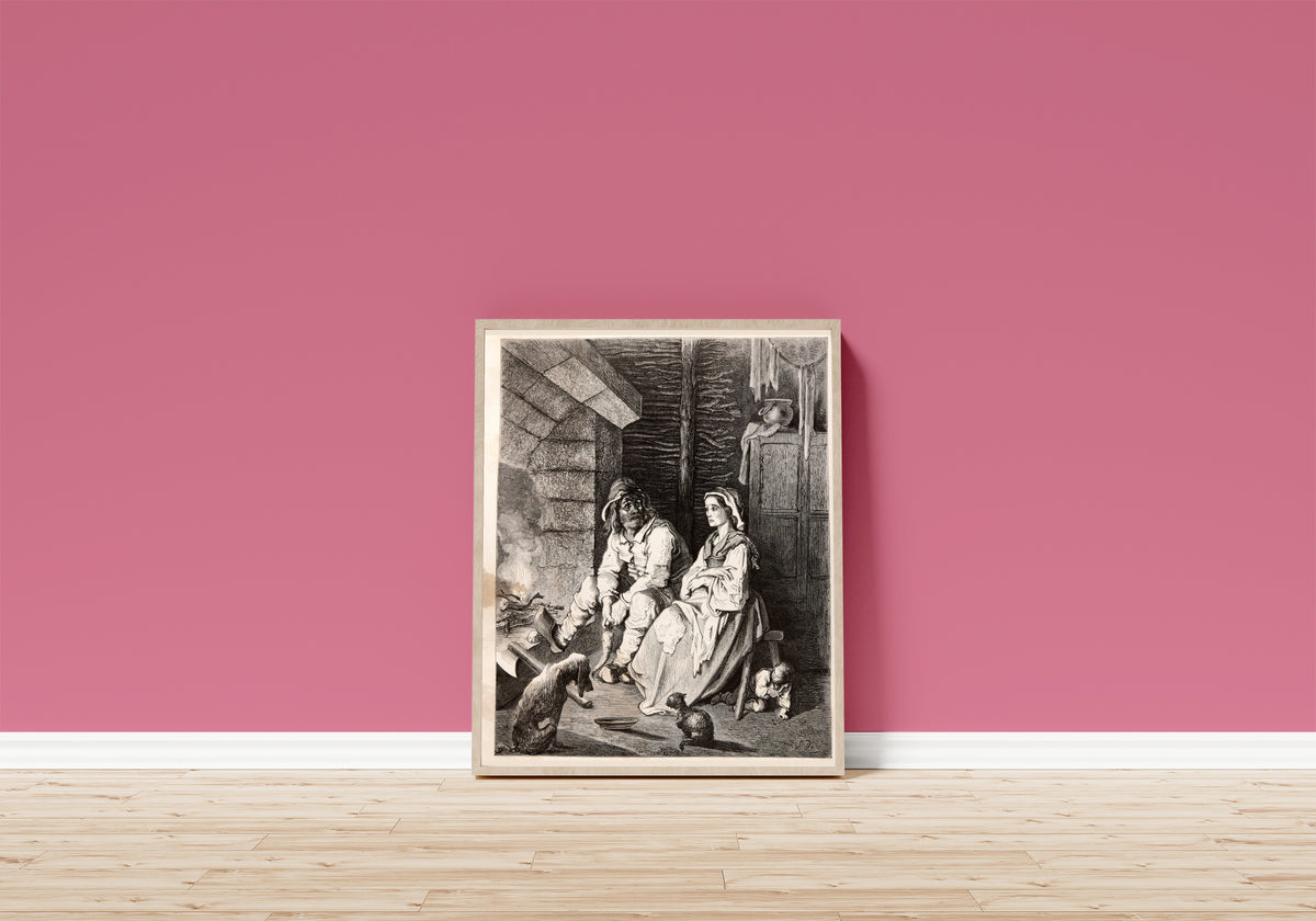 Framed art print of Tom Thumb: The Woodcutter and His Wife by Gustave Doré, in a light wood frame leaning on a pink wall above a wooden floor