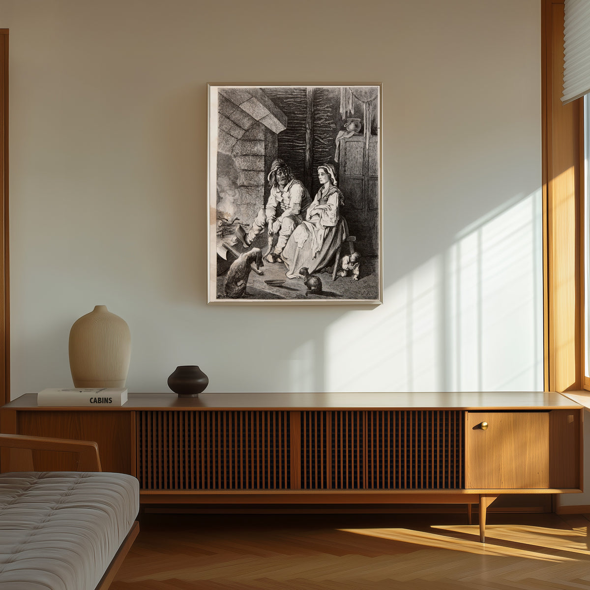 Framed art print of Tom Thumb: The Woodcutter and His Wife by Gustave Doré, in a thin light frame on a sunlit wall above a wooden sideboard