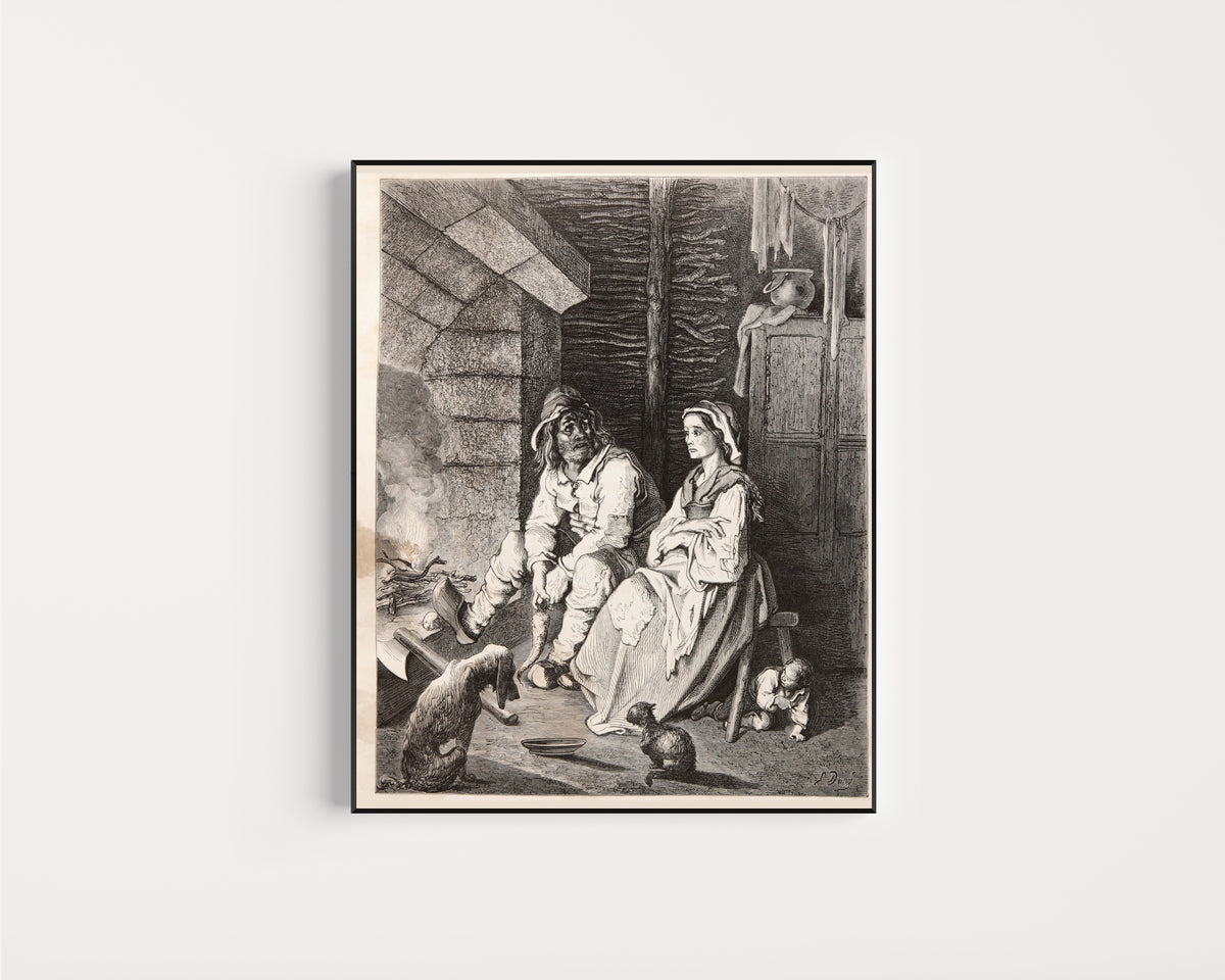 Framed art print of Tom Thumb: The Woodcutter and His Wife by Gustave Doré, in a slim black frame on a plain white wall