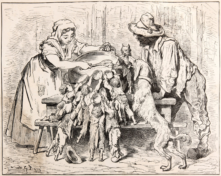 Gustave Doré — Tom Thumb: The Woodcutter's Family at Supper | Fairy Tale Illustration Print shown to scale on a wall above a sofa