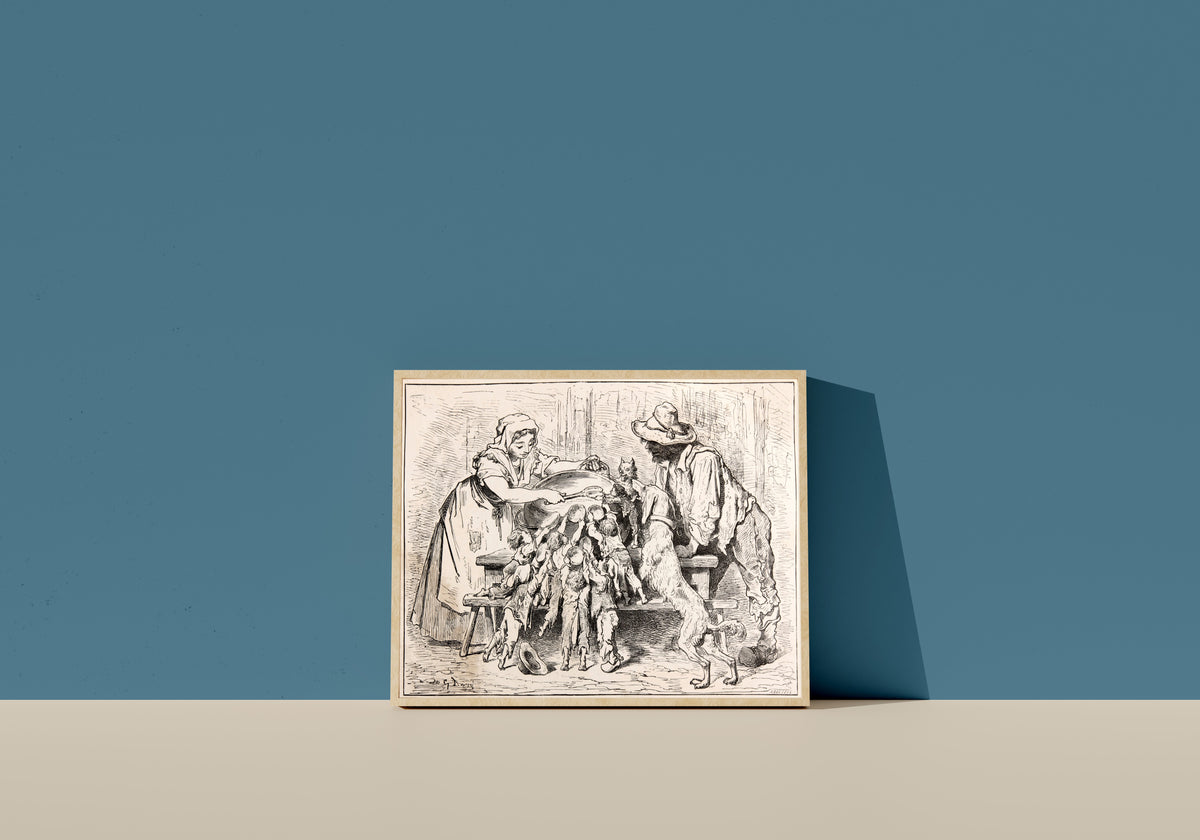 Framed art print of Tom Thumb: The Woodcutter's Family at Supper by Gustave Doré, in a light wood frame leaning on a blue wall