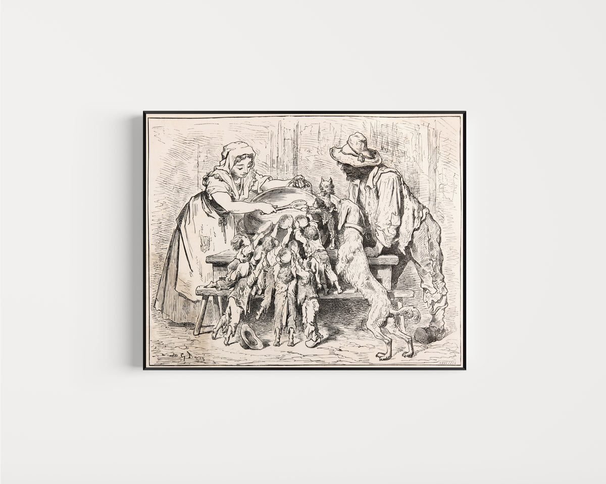 Framed art print of Tom Thumb: The Woodcutter's Family at Supper by Gustave Doré, in a slim black frame on a plain white wall