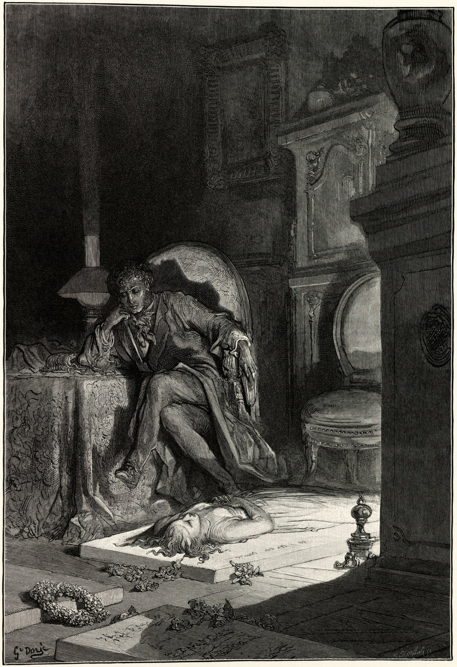 Gustave Doré — Upon the velvet sinking | Gothic Illustration Print shown to scale on a wall above a sofa