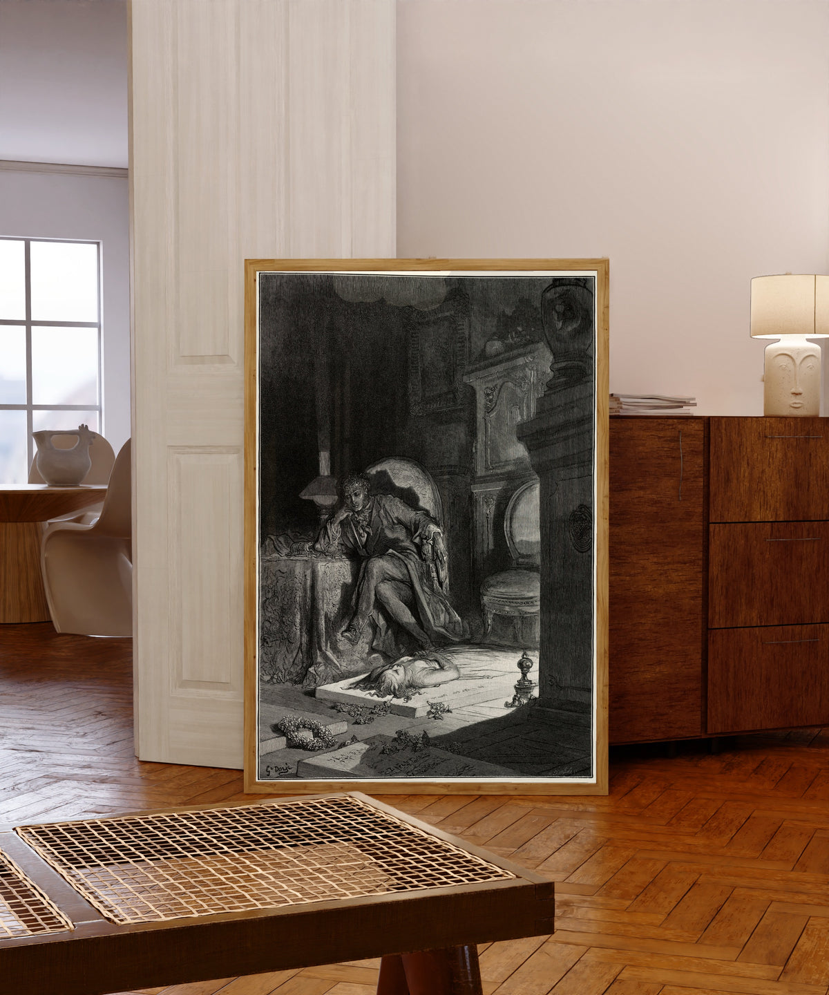 Framed art print of Upon the velvet sinking by Gustave Doré, in a light wood frame leaning in a warm room with a parquet floor