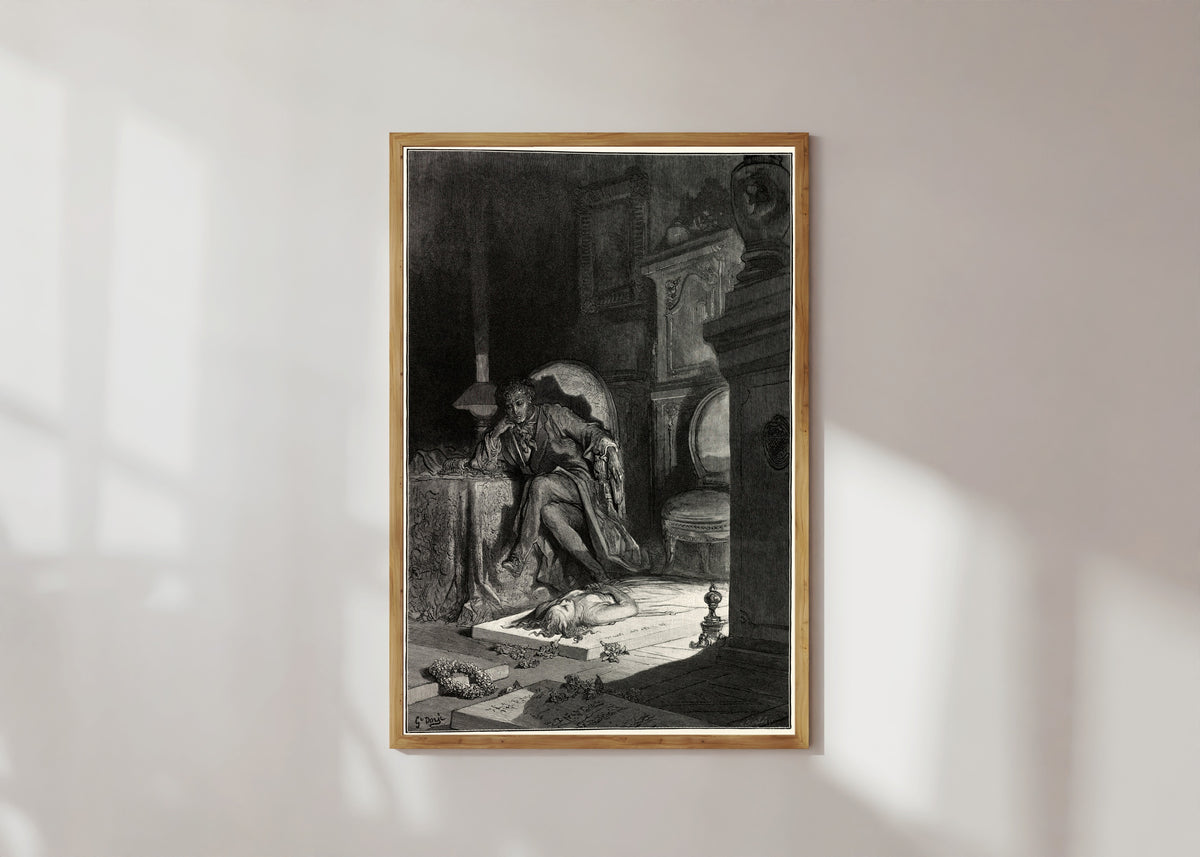 Framed art print of Upon the velvet sinking by Gustave Doré, in a light wood frame on a sunlit white wall