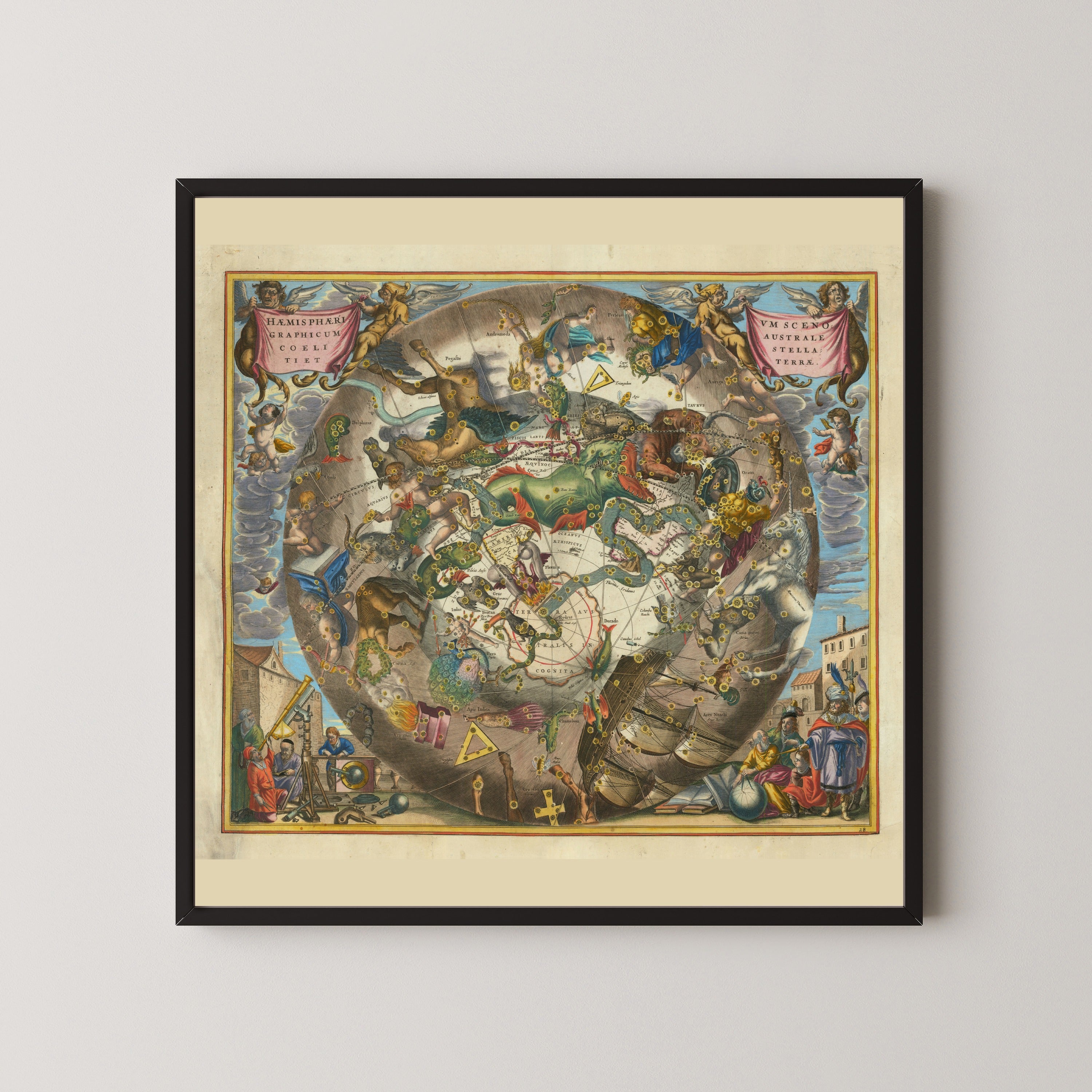 Andreas Cellarius — A Scenographic View of the Southern Heaven and Earth (Plate 28, Tan Colouring) | Celestial Map Print