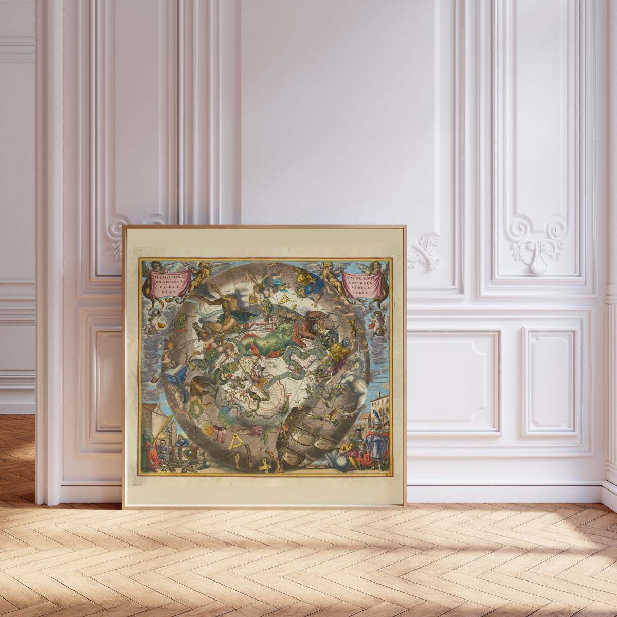 Andreas Cellarius — A Scenographic View of the Southern Heaven and Earth (Plate 28, Tan Colouring) | Celestial Map Print