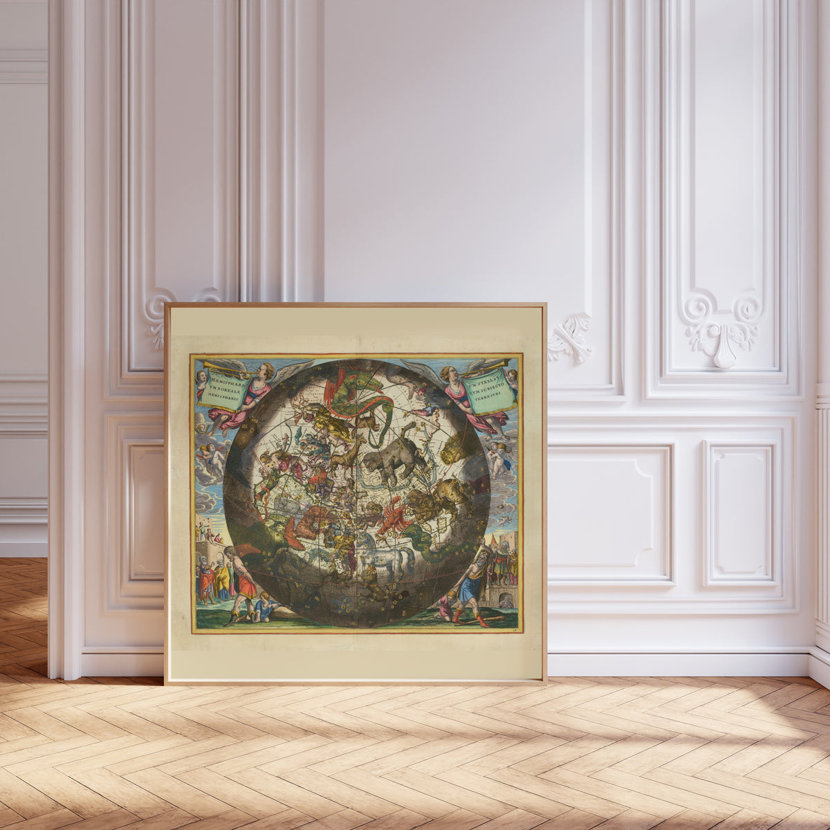 Andreas Cellarius — The Northern Starry Hemisphere over the Earth (Plate 26, Olive Colouring) | Celestial Map Print
