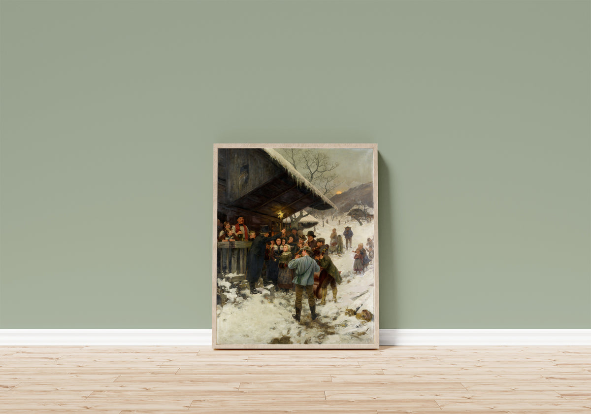 Framed art print of Weihnachtssingen im Kanton Luzern (A Christmas… by Hans Bachmann, in a light wood frame leaning on a sage green wall above a wooden floor