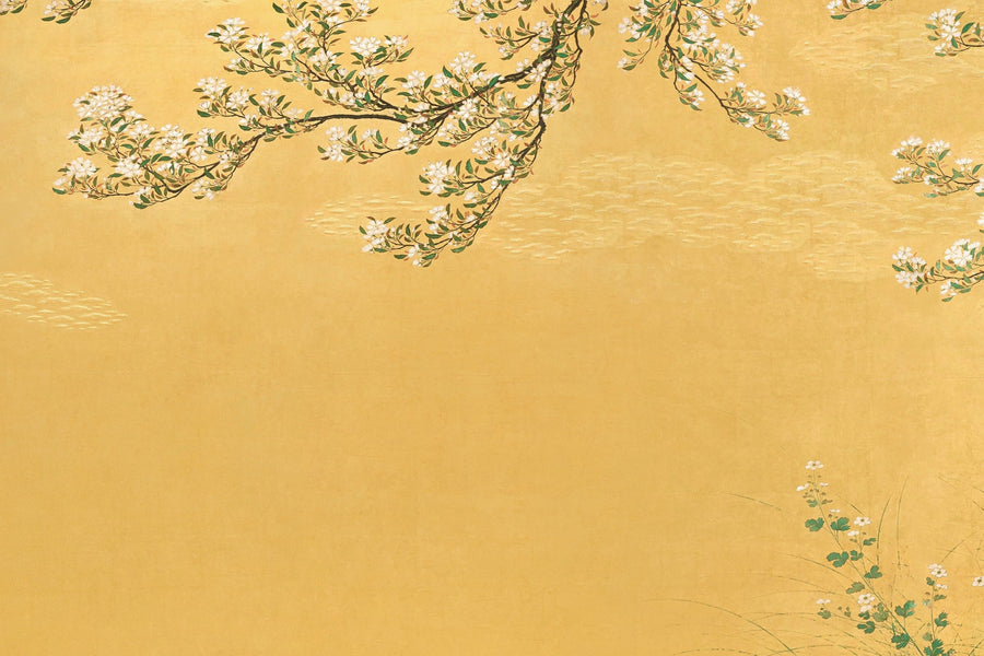 Hasegawa School — Cherry Blossoms | Momoyama Period Painting shown to scale on a wall above a sofa