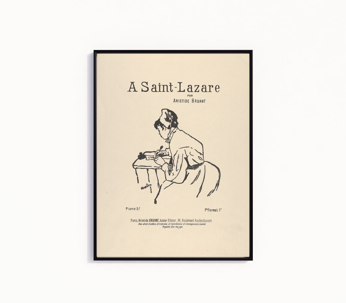 Framed art print of A Saint-Lazare par Aristide Bruant by Henri de Toulouse-Lautrec, in a slim black frame on a plain white wall