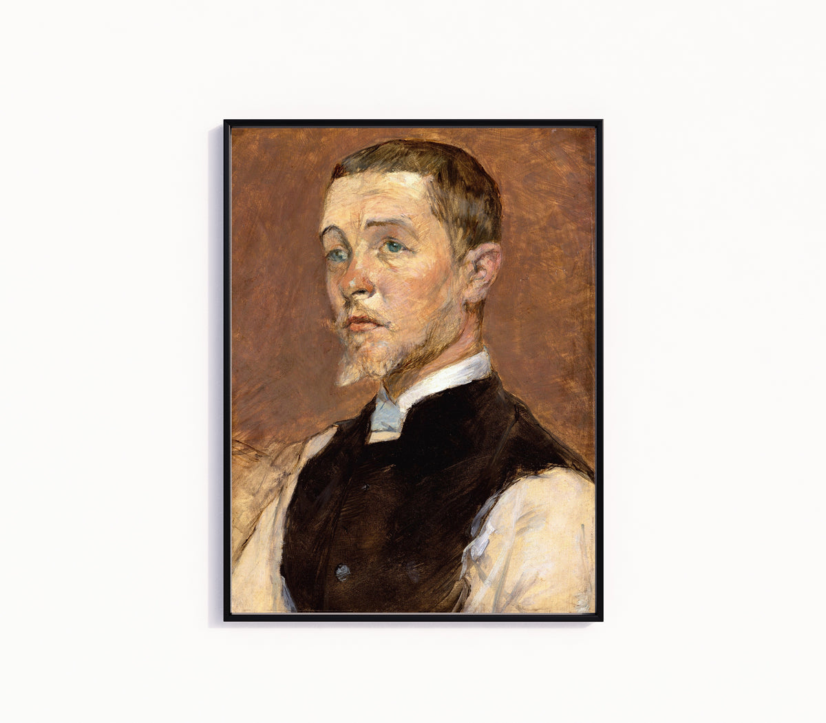 Framed art print of Albert (René) Grenier by Henri de Toulouse-Lautrec, in a slim black frame on a plain white wall