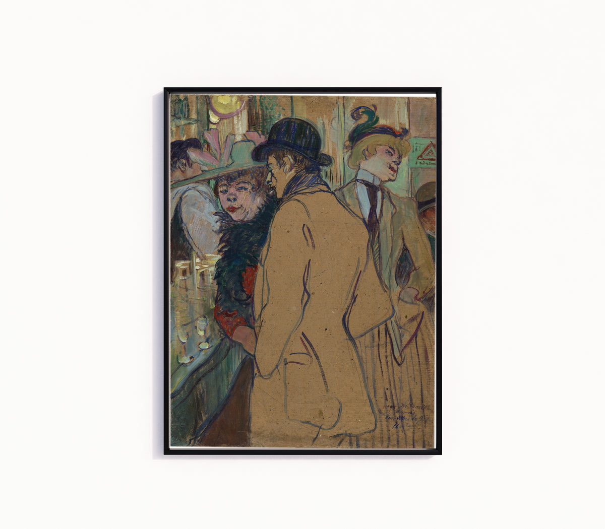 Framed art print of Alfred la Guigne by Henri de Toulouse-Lautrec, in a slim black frame on a plain white wall