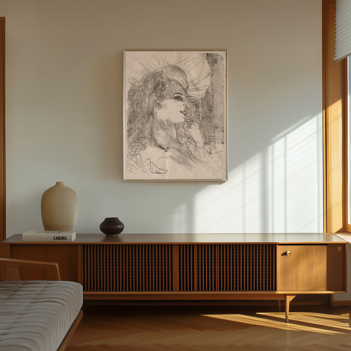 Framed art print of Anna Held by Henri de Toulouse-Lautrec, in a thin light frame on a sunlit wall above a wooden sideboard