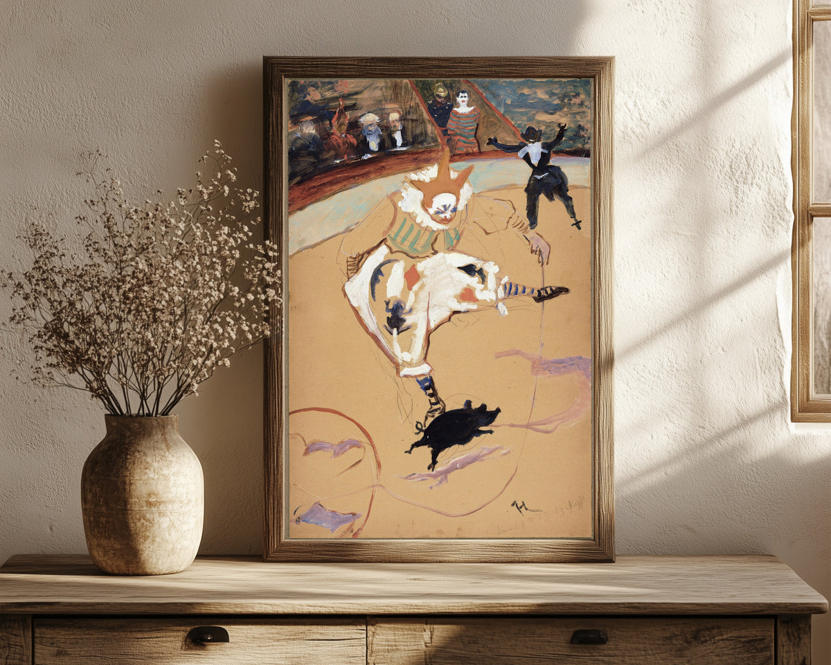 Framed art print of At the Circus Fernando: Medrano with a… by Henri de Toulouse-Lautrec, in a dark wood frame leaning on a rustic console beside dried flowers