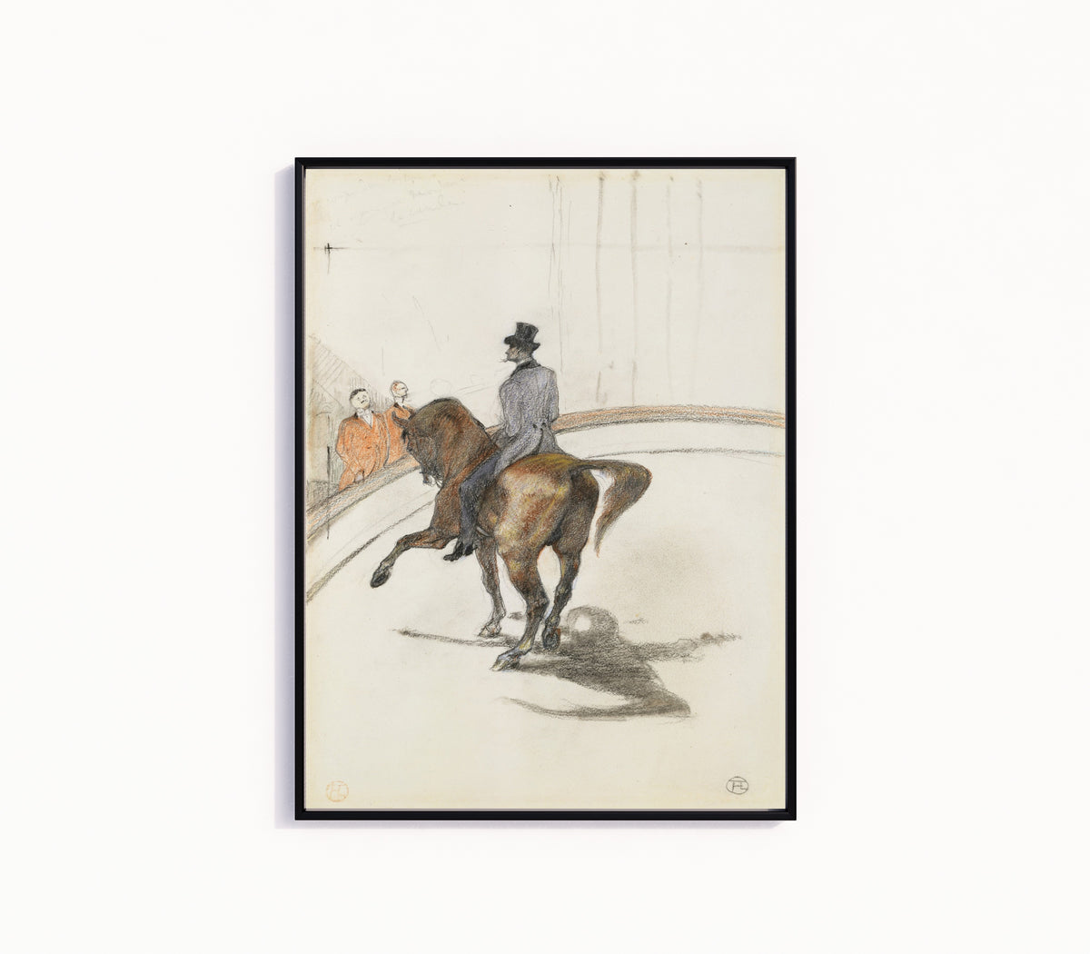 Framed art print of At the Circus: The Spanish Walk by Henri de Toulouse-Lautrec, in a slim black frame on a plain white wall