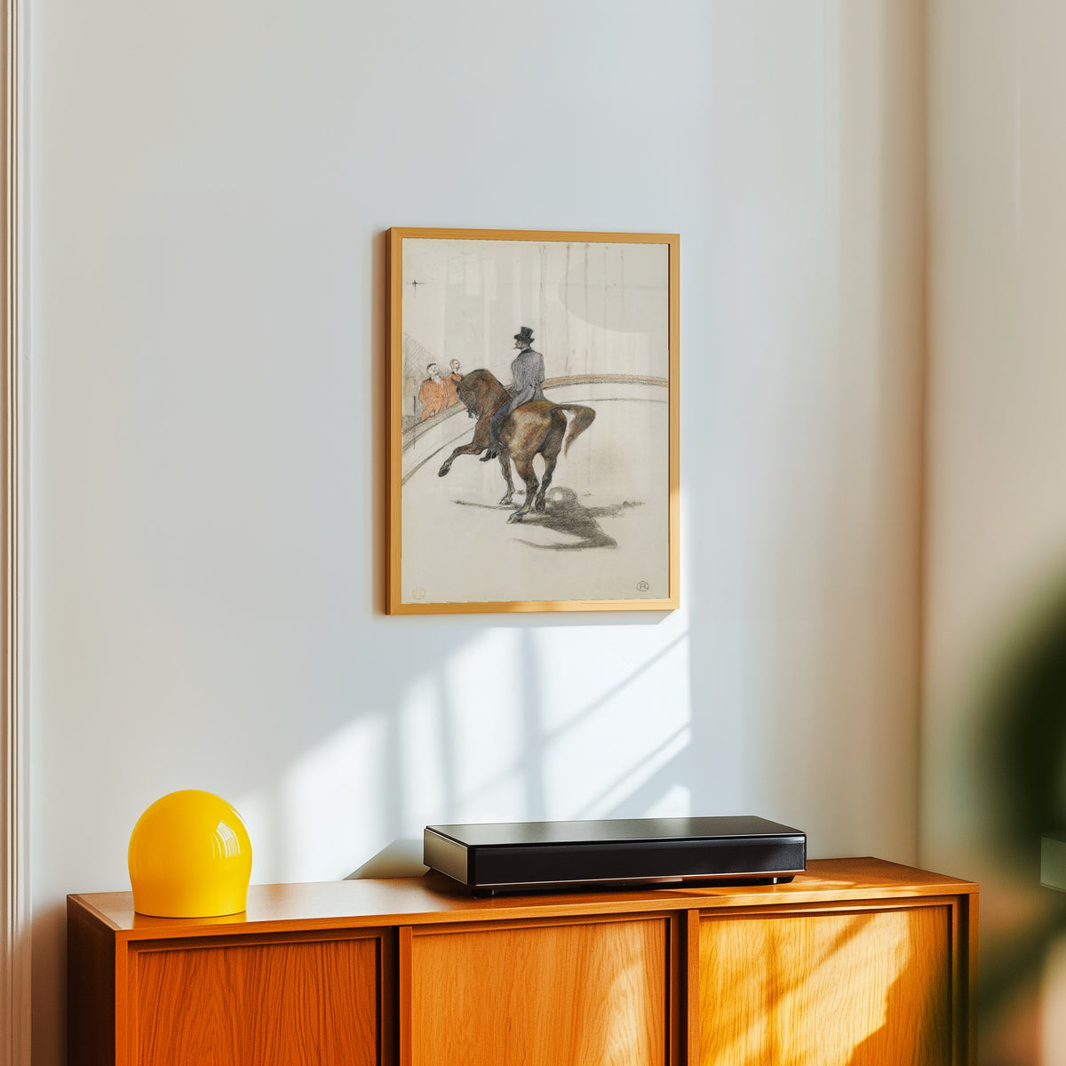 Framed art print of At the Circus: The Spanish Walk by Henri de Toulouse-Lautrec, in a light wood frame on a white wall above an orange sideboard