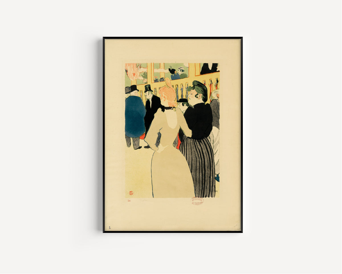 At the Moulin Rouge, La Goulue and Her Sister by Henri de Toulouse-Lautrec — in a slim black frame on a plain white wall