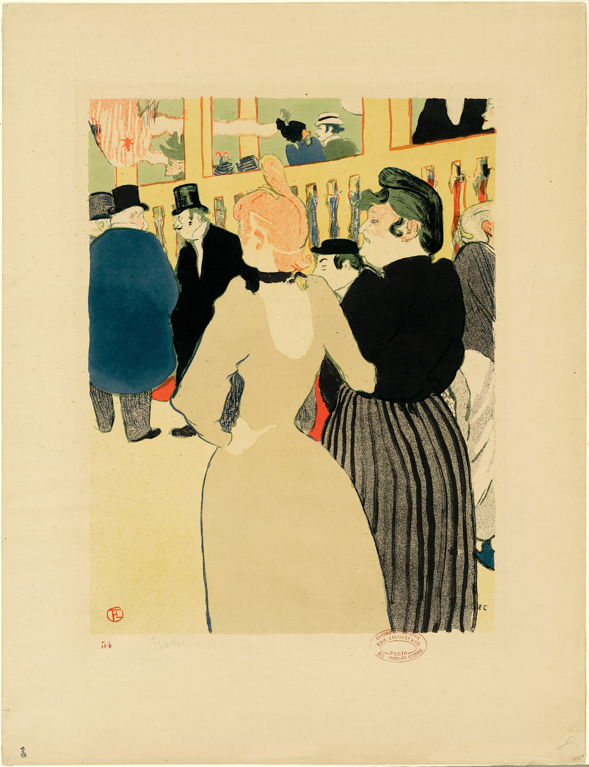 At the Moulin Rouge, La Goulue and Her Sister by Henri de Toulouse-Lautrec — La Goulue is seen from behind in cream beside a woman in black
