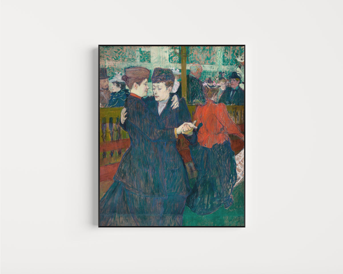 Framed art print of At the Moulin Rouge: Two Women Waltzing by Henri de Toulouse-Lautrec, in a slim black frame on a plain white wall