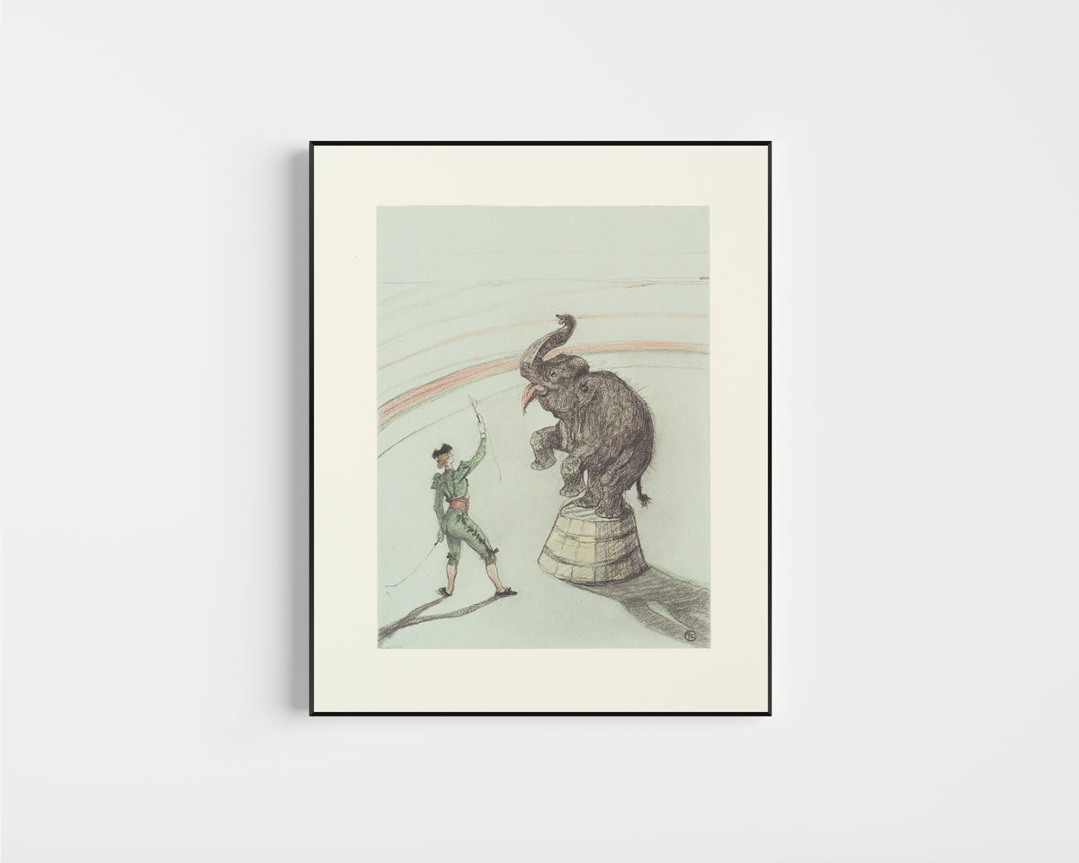 Framed art print of Au Cirque: Éléphant en liberté by Henri de Toulouse-Lautrec, in a slim black frame on a plain white wall