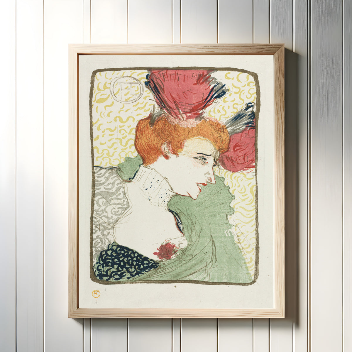 Framed art print of Bust of Mademoiselle Lender by Henri de Toulouse-Lautrec, in a light wood frame on a white panelled wall