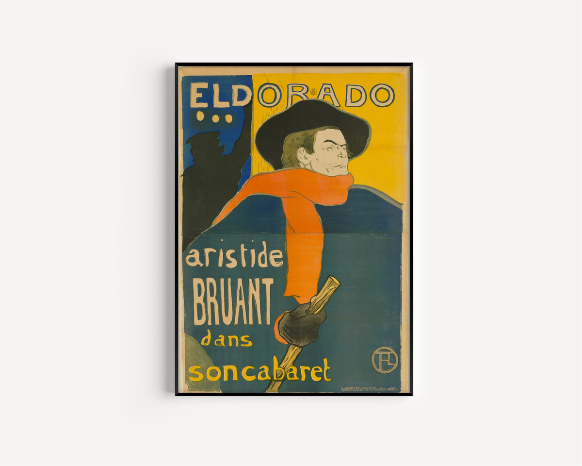 Eldorado: Aristide Bruant by Henri de Toulouse-Lautrec — in a slim black frame on a plain white wall