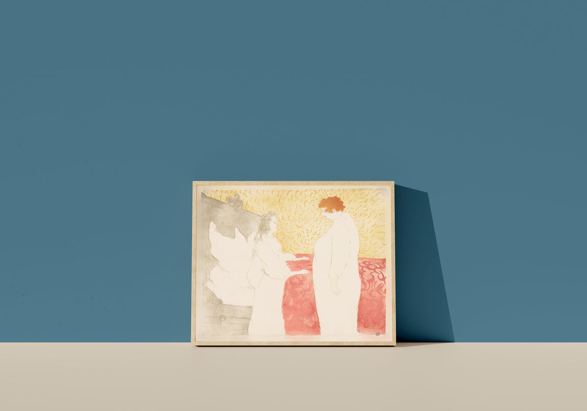 Framed art print of Elles: Woman in Bed, Profile by Henri de Toulouse-Lautrec, in a light wood frame leaning on a blue wall