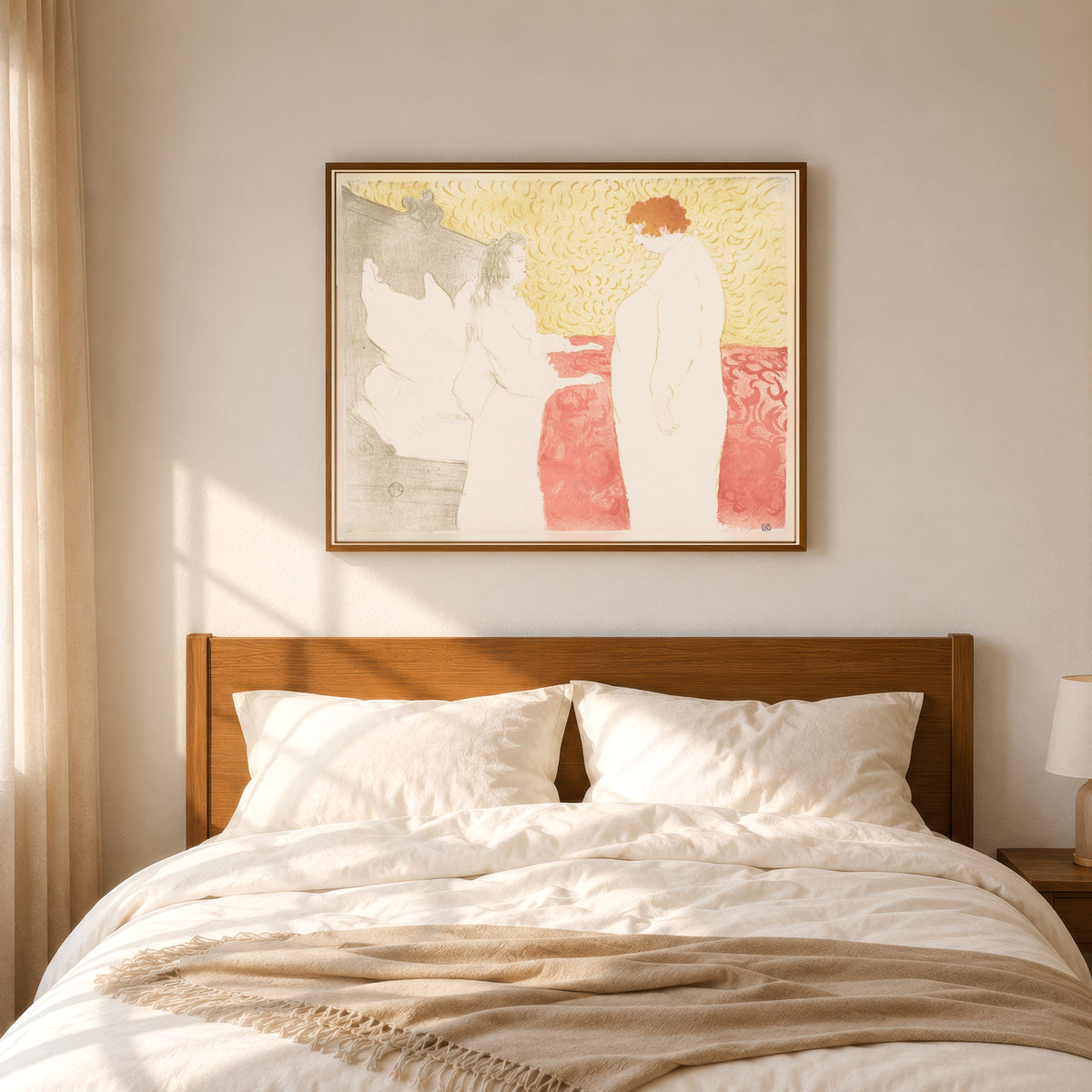 Framed art print of Elles: Woman in Bed, Profile by Henri de Toulouse-Lautrec, in a slim wood frame above a bed in a sunlit bedroom