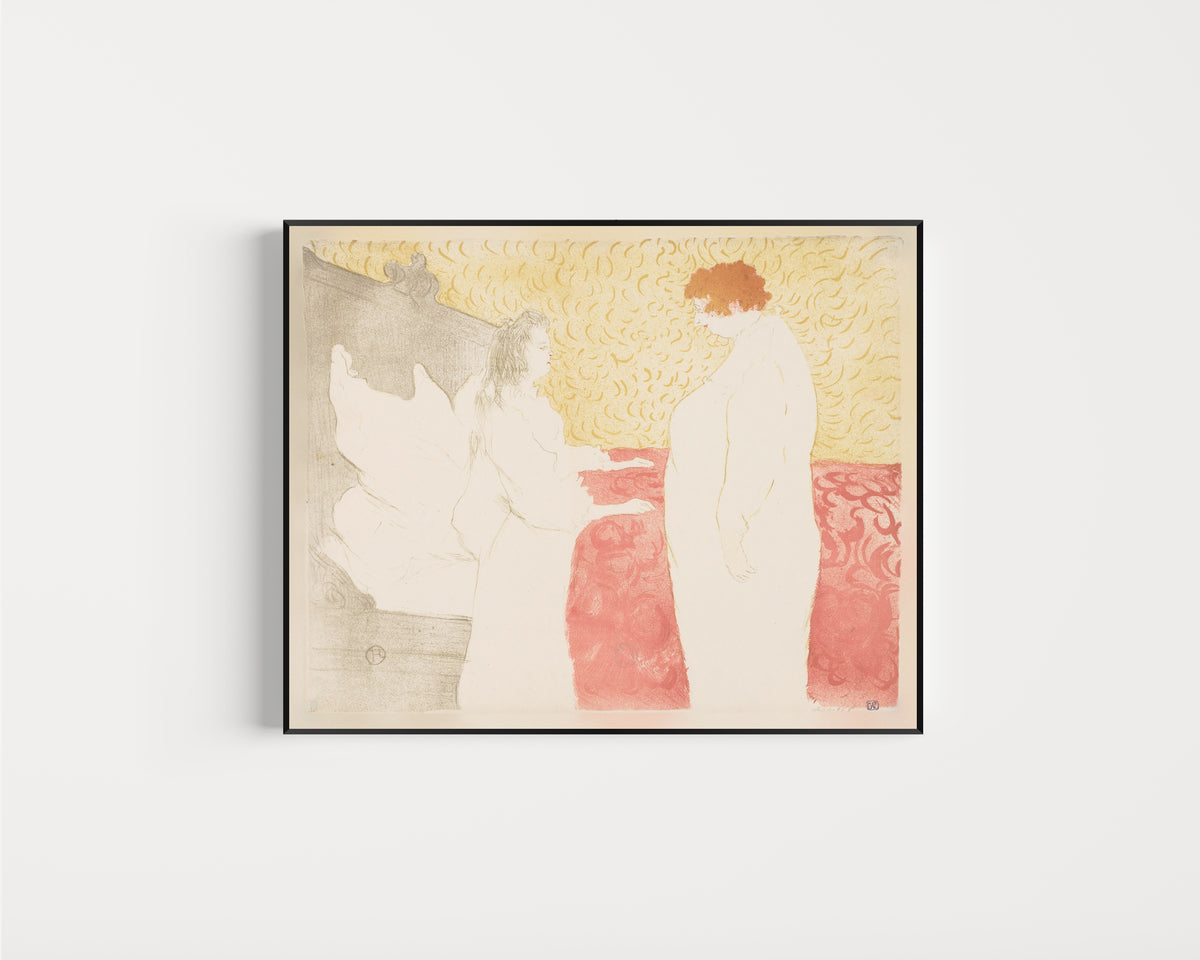 Framed art print of Elles: Woman in Bed, Profile by Henri de Toulouse-Lautrec, in a slim black frame on a plain white wall